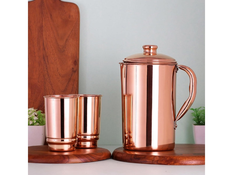 Pure Copper Water Jug with 2 Copper Tumblers Plain Style 1.5 Liters