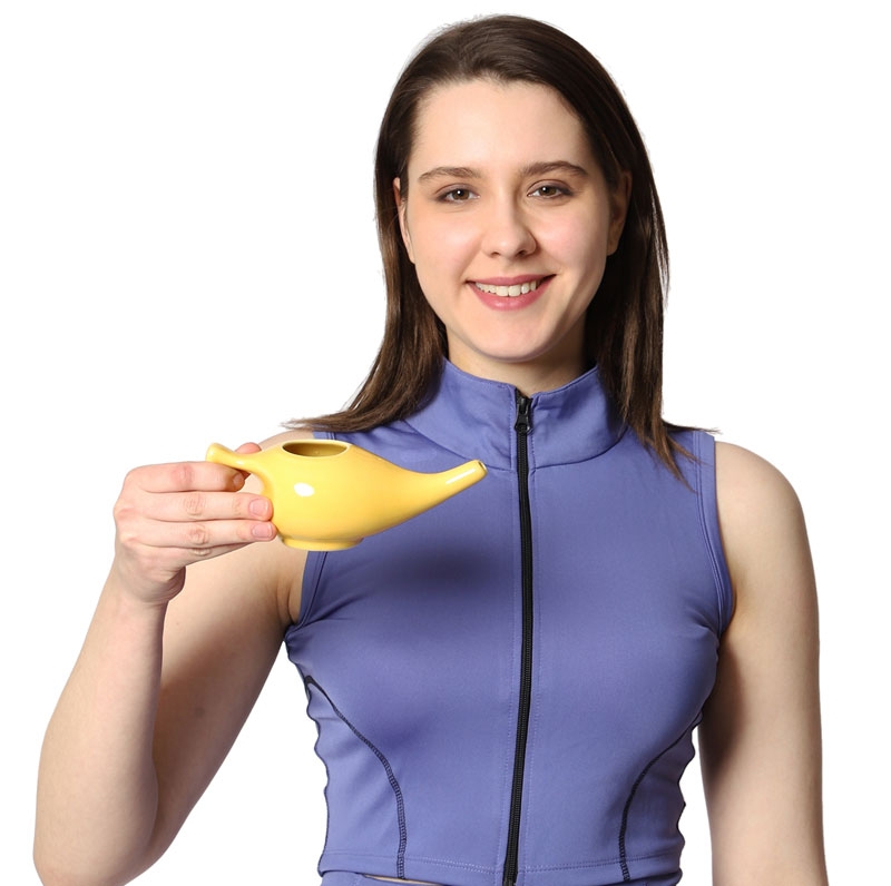 Ceramic Neti Pot Dishwasher Safe Premium Handcrafted with 2 Silicone Nozzle Tip and Salt for Sinus 225 Ml Capacity Yellow