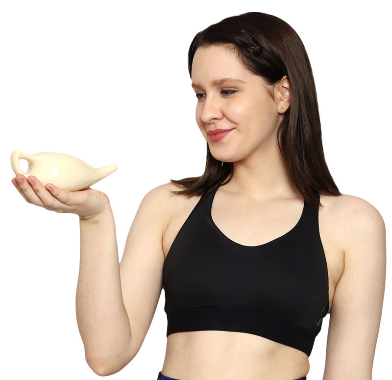 Ceramic Neti Pot Dishwasher Safe Premium Handcrafted with 2 Silicone Nozzle and Salt for Sinus 225 Ml Capacity Cream