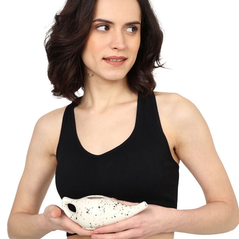 Ceramic Neti Pot Premium Handcrafted Durable Dishwasher Safe with 2 Silicone Nozzle Tip 225 Ml Capacity Dalmatian