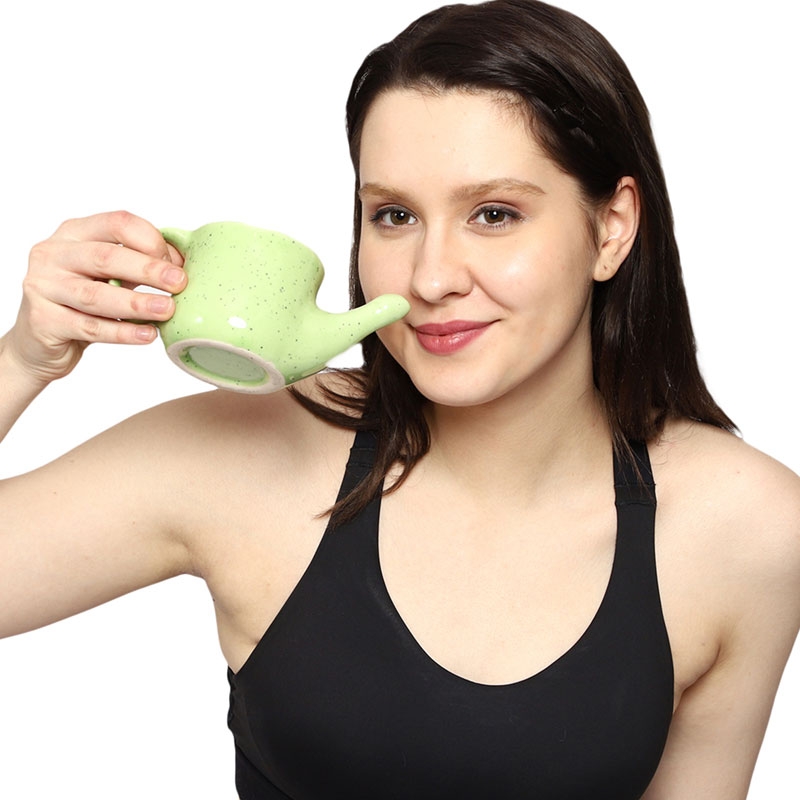 Ceramic Neti Pot Spill Proof for Nasal Cleansing Green Freckle Color 250 Ml