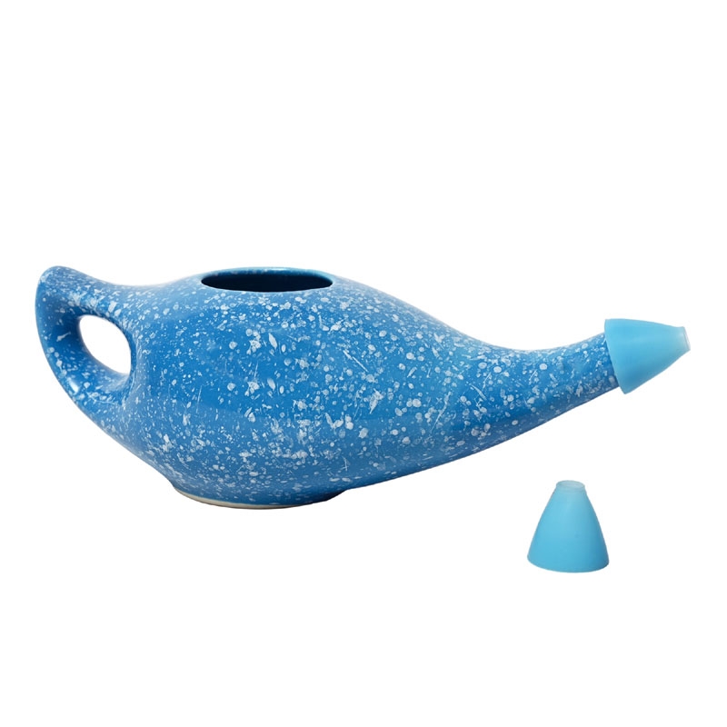 Ceramic Neti Pot with 2 Silicone Nozzle Tip 225 Ml Capacity Blue
