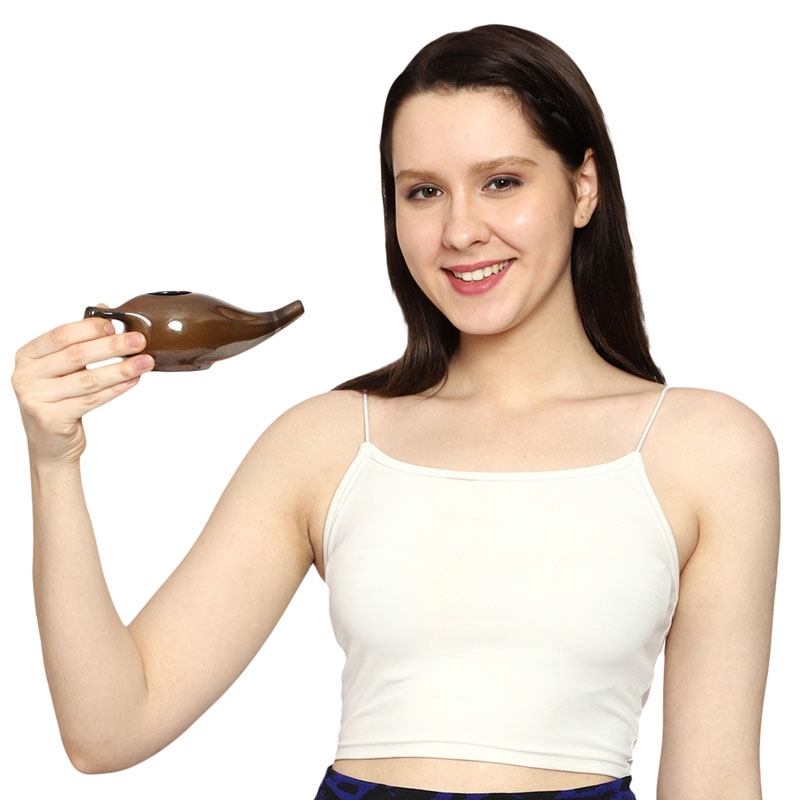 Ceramic Neti Pot with 2 Silicone Nozzle Tip 225 Ml Capacity Chocolate