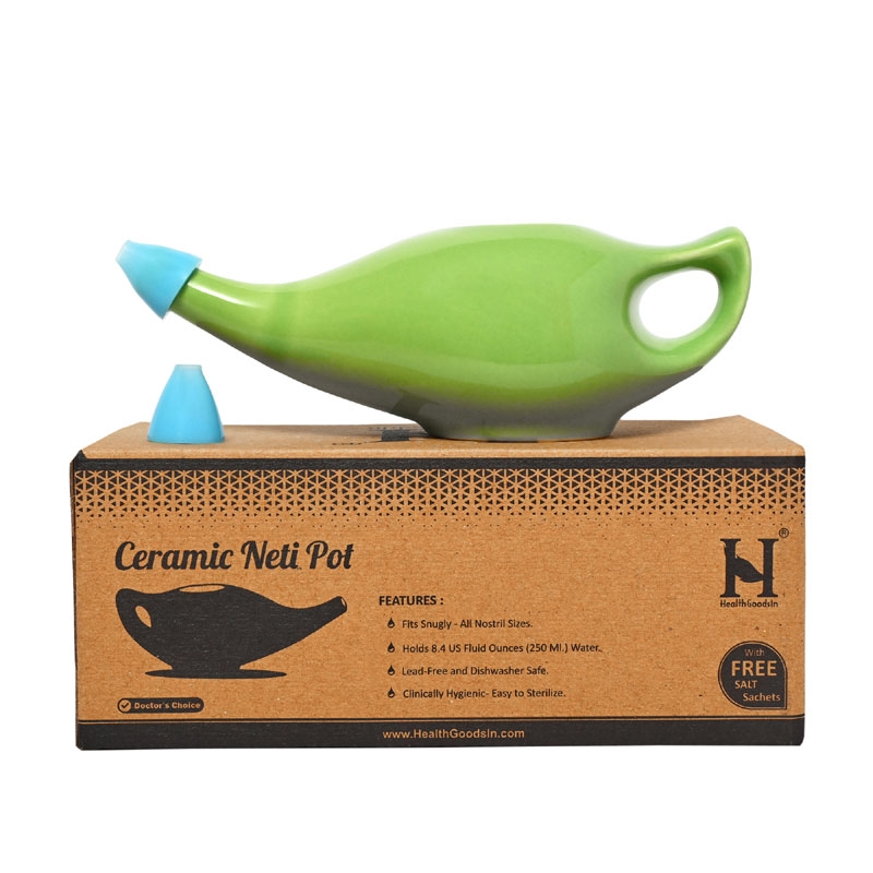 Ceramic Neti Pot with 2 Silicone Nozzle and Salt for Sinus 225 Ml Capacity Green
