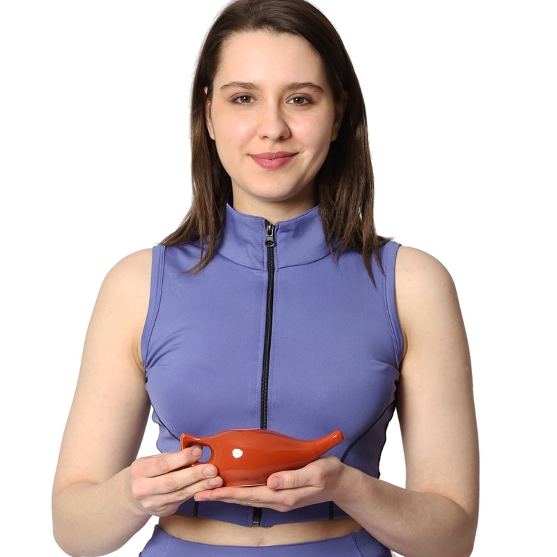 Ceramic Neti Pot with 2 Silicone Nozzle and Salt for Sinus 225 Ml Red