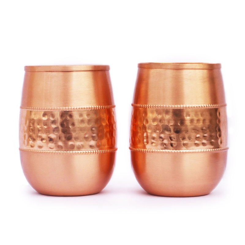 Copper Tumbler Set of 2 Hammered and Plain 250 Ml Capacity Barrel
