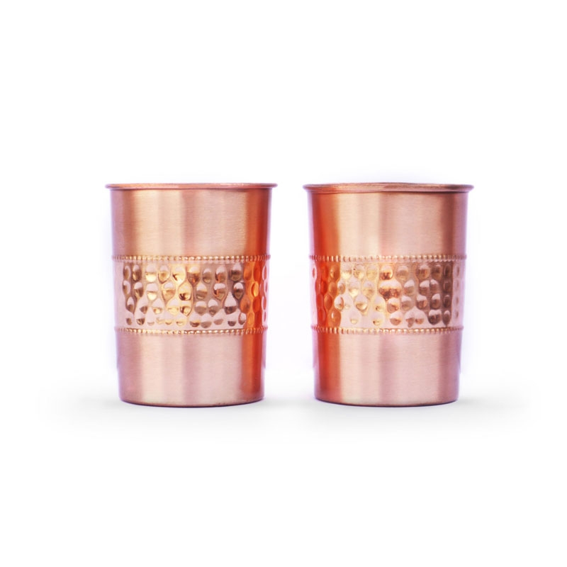 Copper Tumbler Set of 2 Hammered and Plain 250 Ml Capacity Straight