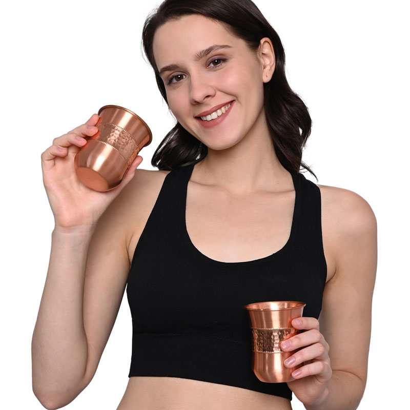 Copper Tumbler Set of 2 Hammered and Plain 250 Ml  Capacity Curved