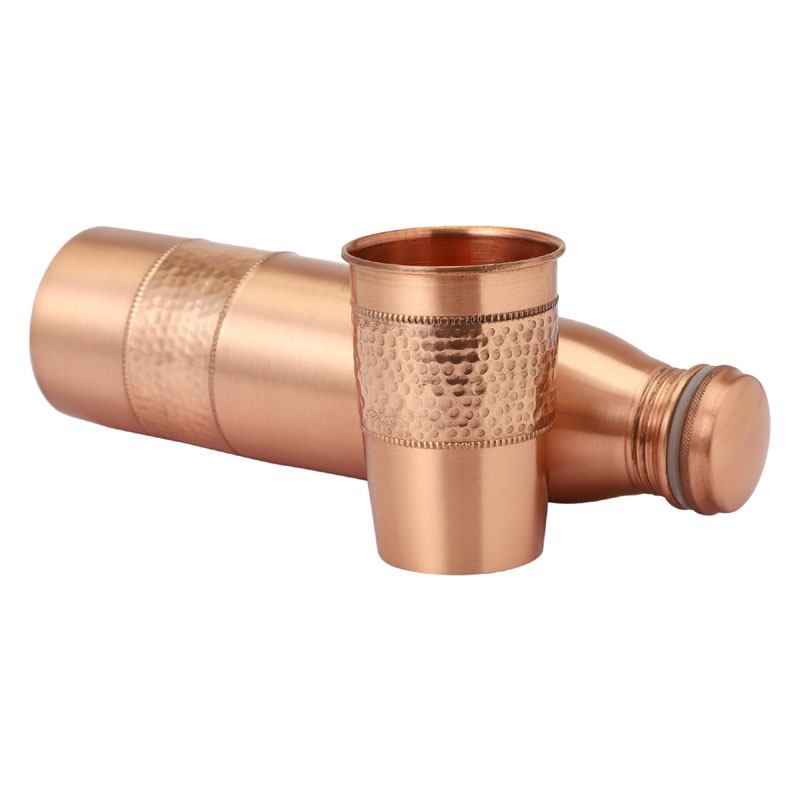 Copper Water Bottle 900 Ml with Tumbler Hammered and Plain Pattern