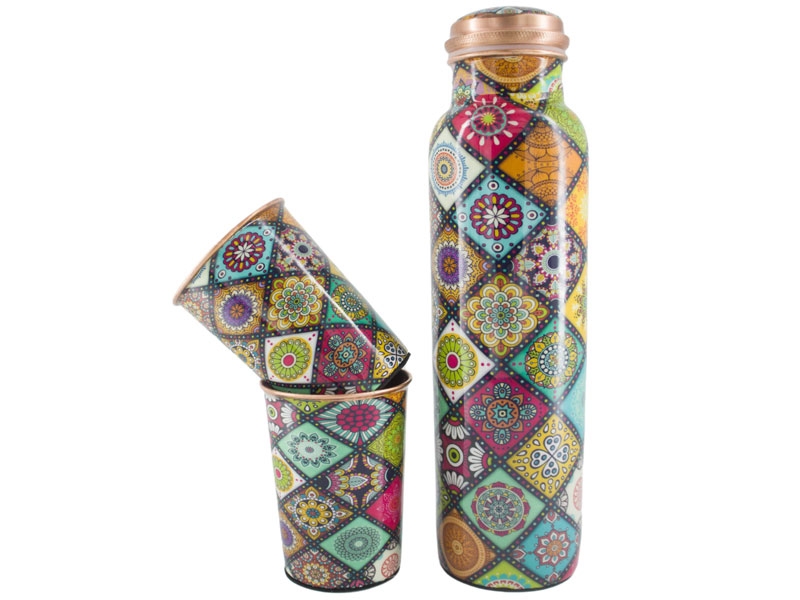 Copper Water Bottle with 2 Matching Tumbler Set Mandala Design