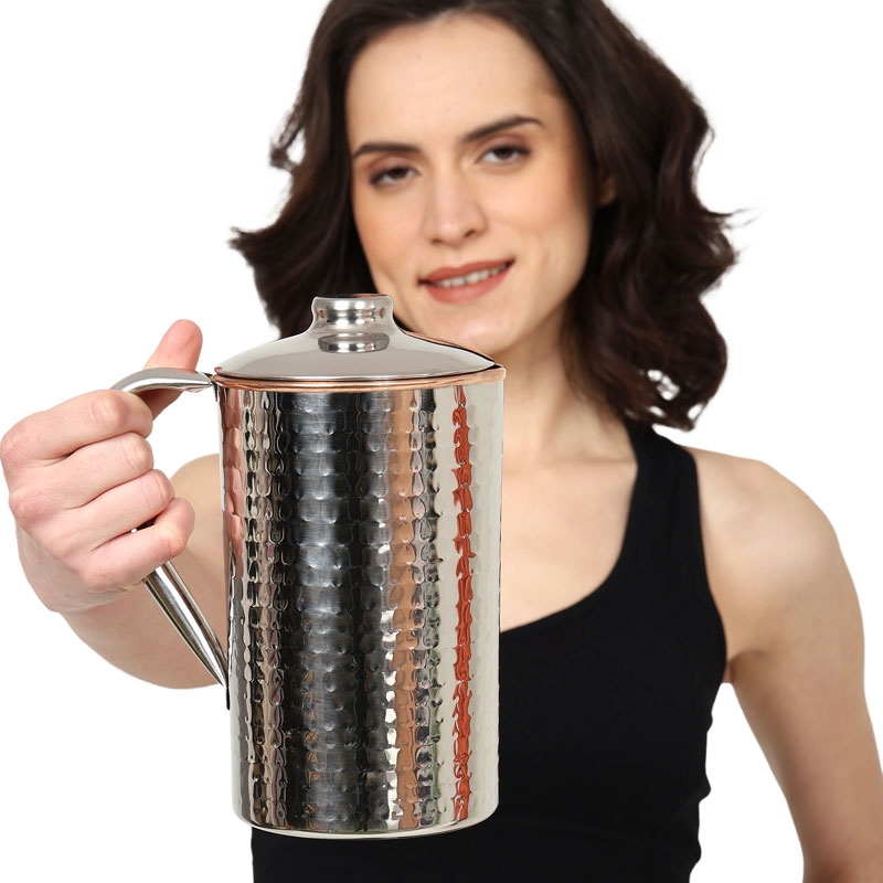 Copper and Stainless Steel Jug Outer Stainless Steel and Inner Copper Jug Hammered Pattern