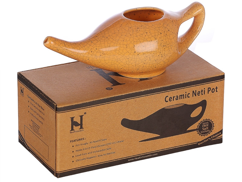 Premium Handcrafted Durable Ceramic Neti Pot Nose Cleaner for Sinus Dishwasher Safe 225 Ml Capacity  Crackle Pattern Orange