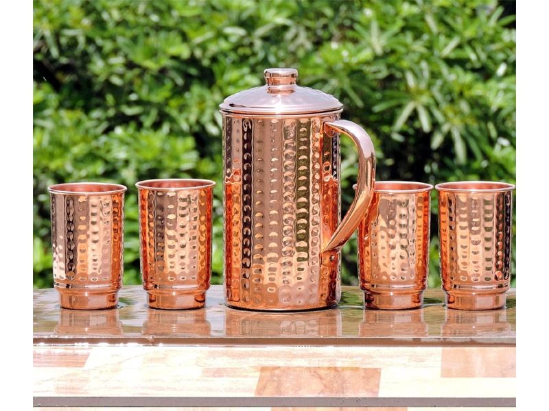 Pure Copper Hammered Pitcher with 4 Copper Tumblers 1.5 Liters
