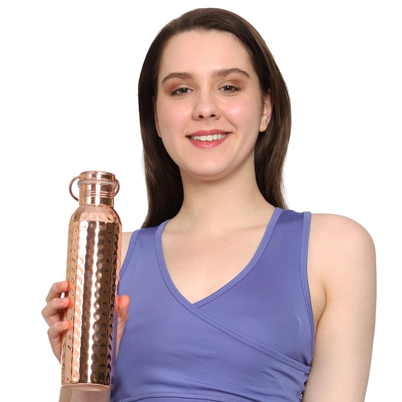 Pure Copper Hammered Water Bottle with Carrying Handle 1000 Ml Capacity
