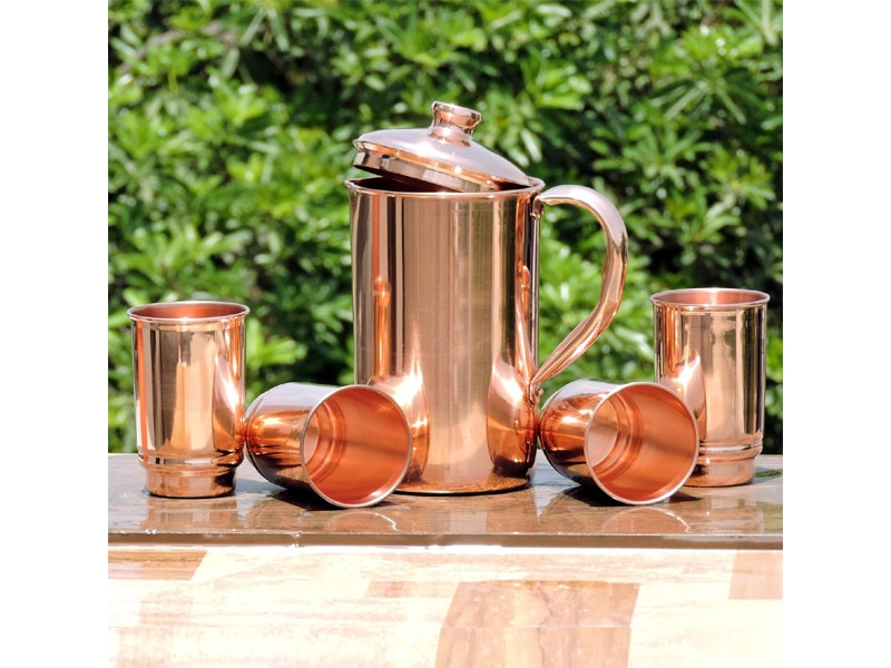 Pure Copper Pitcher with 4 Copper Tumblers Plain Style 1.5 Liters