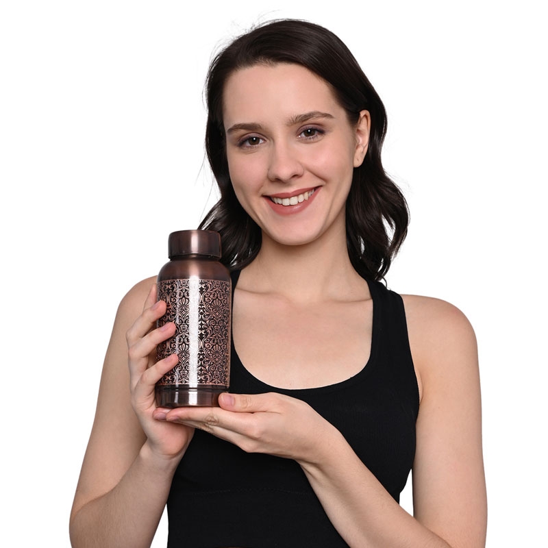 Pure Copper Water Bottle Beautiful Floral Pattern 600 Ml Capacity