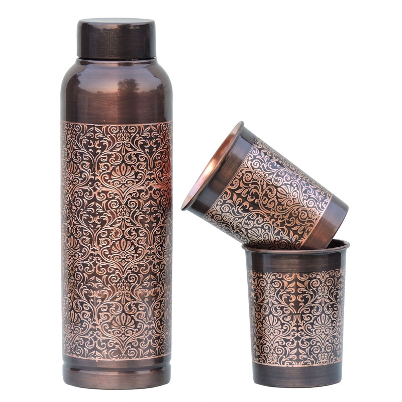 Pure Copper Water Bottle with 2 Tumblers Set Beautiful Floral Pattern