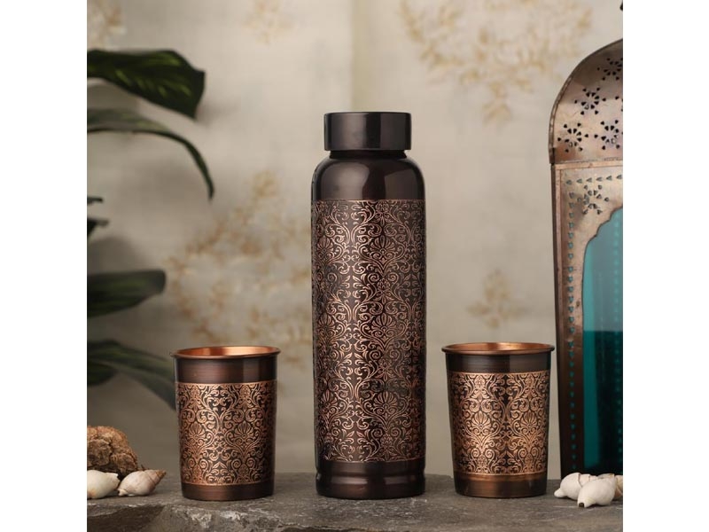 Pure Copper Water Bottle Set with 2 Tumblers Floral