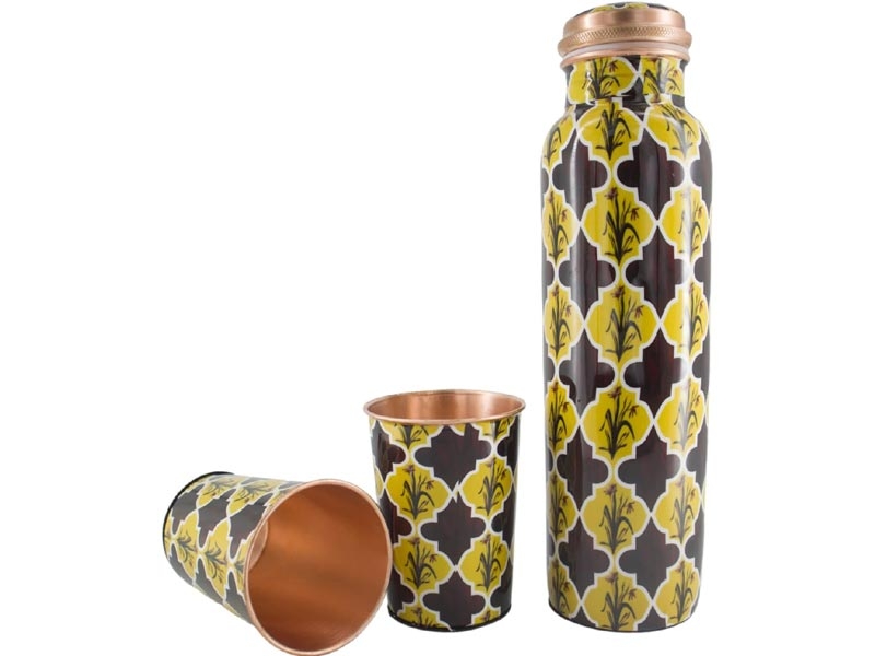 Pure Copper Water Bottle with 2 Tumblers Set Eco Friendly with