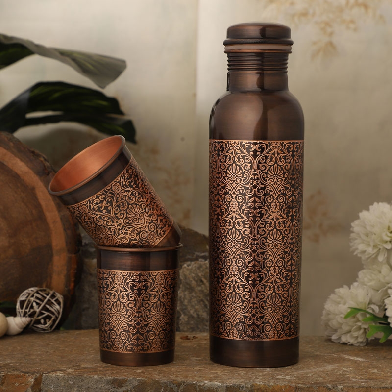 Pure Copper Water Bottle with 2 Tumblers Set Floral Beautiful Pattern
