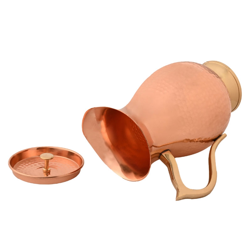 Pure Copper Water Hammered Jug with Lid and Brass Handle 1 Liter Capacity Traditional Style