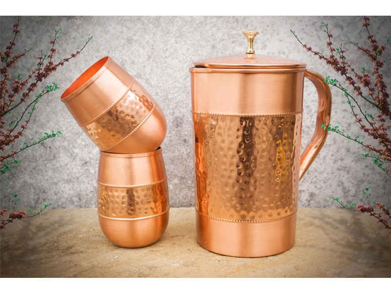 Pure Copper Water Jug with 2 Copper Barrel Glass Hammered and Plain Pattern 1.5 Liters