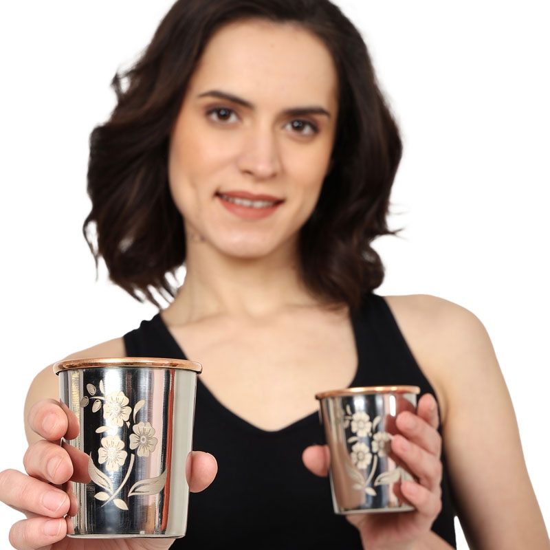 Set of 2 Outer Stainless Steel and Inner Pure Copper Tumbler 250 Ml Capacity Floral Pattern