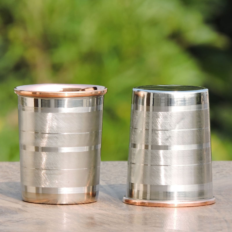 Set of 2 Outer Stainless Steel and Inner Pure Copper Tumbler For Ayurveda Health Benefits 250 Ml Capacity Lining Pattern