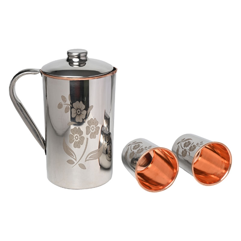 Stainless Steel and Pure Copper Water Pitcher with 2 Matching Tumblers Floral Pattern