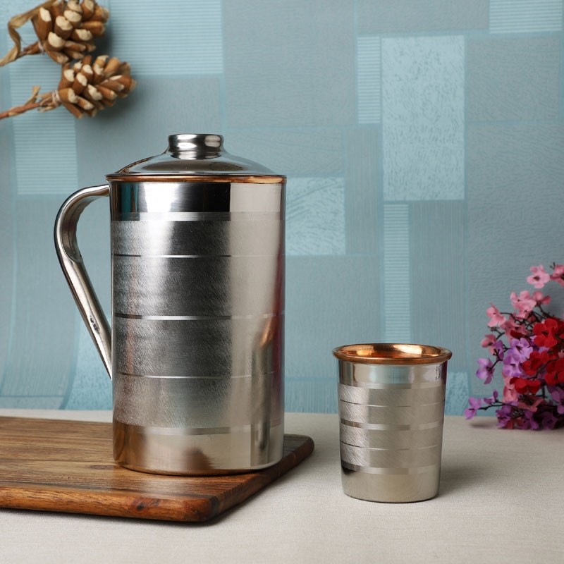 Stainless Steel and Pure Copper Water Pitcher with 2 Matching Tumblers Lining Pattern
