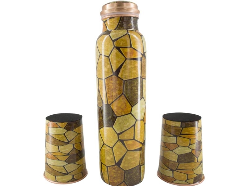 Pure Copper Water Bottle with 2 Tumblers Set Eco Friendly with GIFT PACKAGING Brown