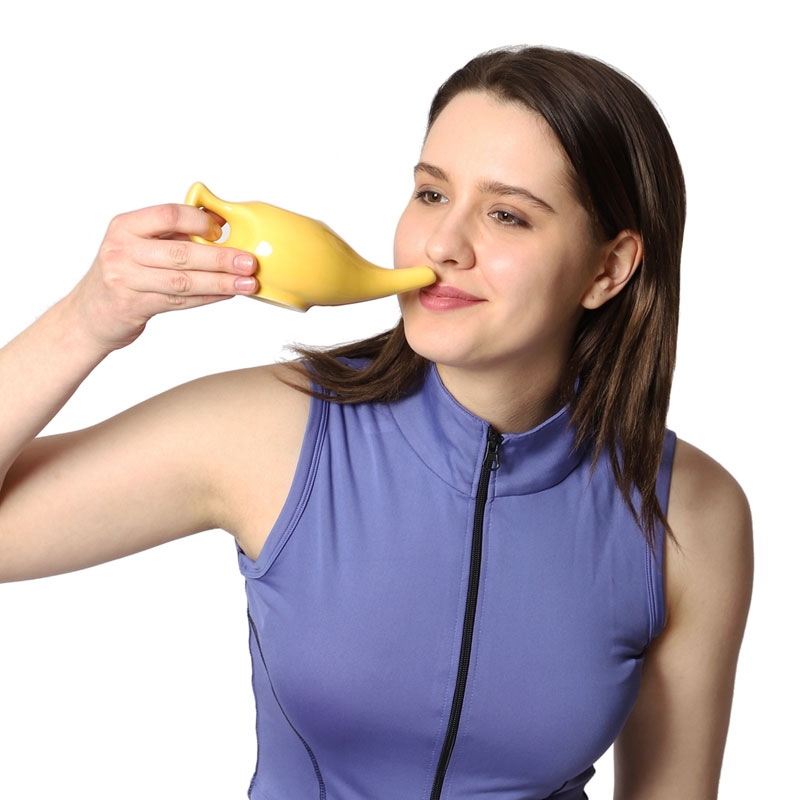 Ceramic Neti Pot Dishwasher Safe Premium Handcrafted with 2 Silicone Nozzle Tip and Salt for Sinus 225 Ml Capacity Yellow