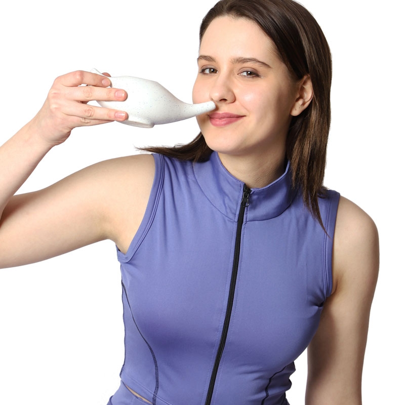 Ceramic Neti Pot Premium Handcrafted Durable Dishwasher Safe with 2 Silicone Nozzle Tip 225 Ml Capacity Dotted Ivory