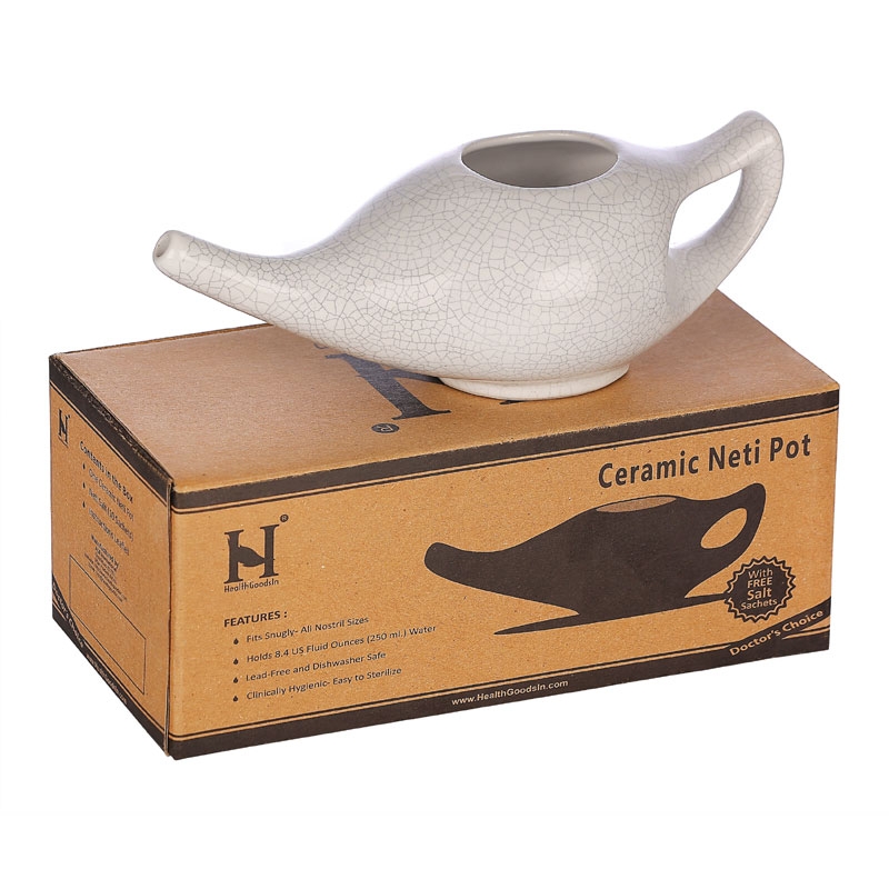Ceramic Neti Pot for Nasal Cleaner 225 Ml Crackle Pattern Ivory