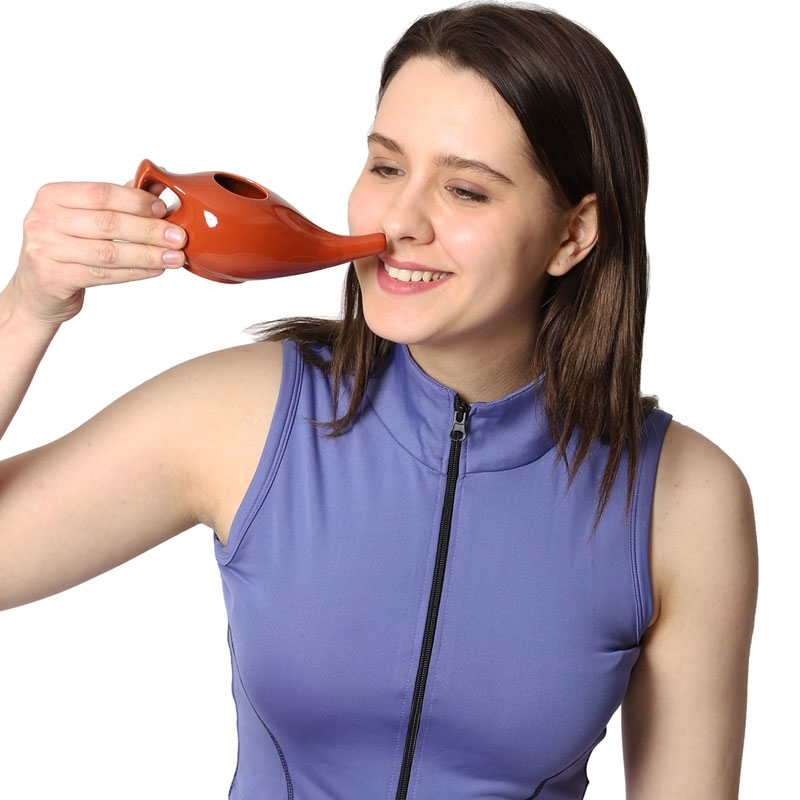 Ceramic Neti Pot with 2 Silicone Nozzle and Salt for Sinus 225 Ml Red