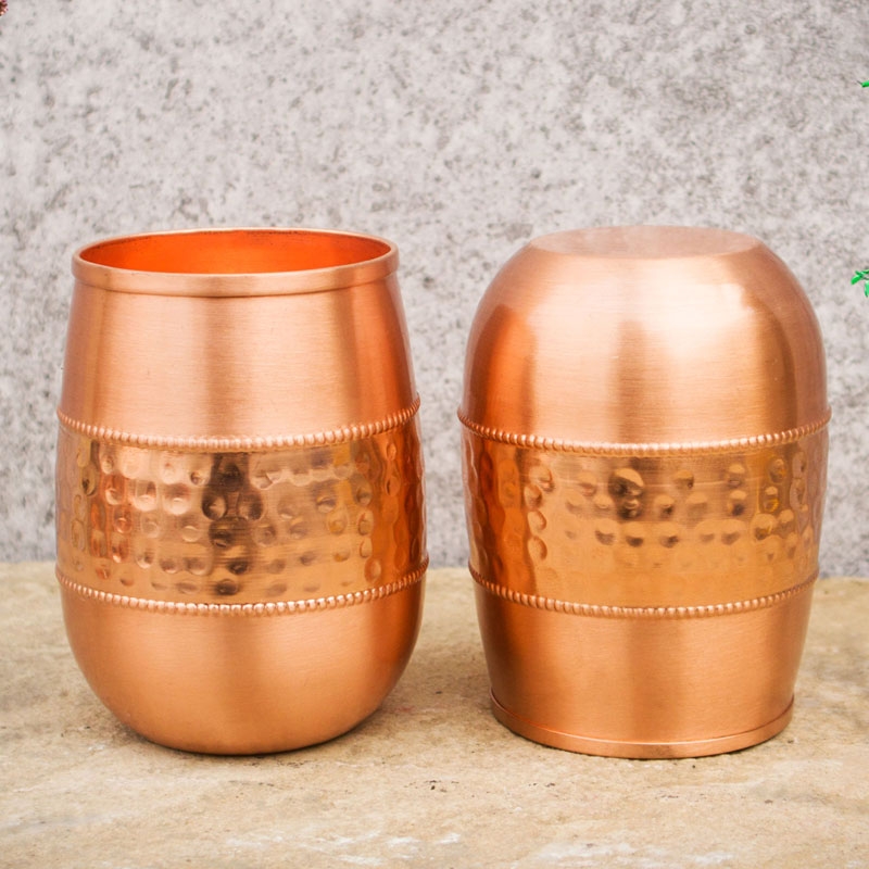 Copper Tumbler Set of 2 Hammered and Plain 250 Ml Capacity Barrel
