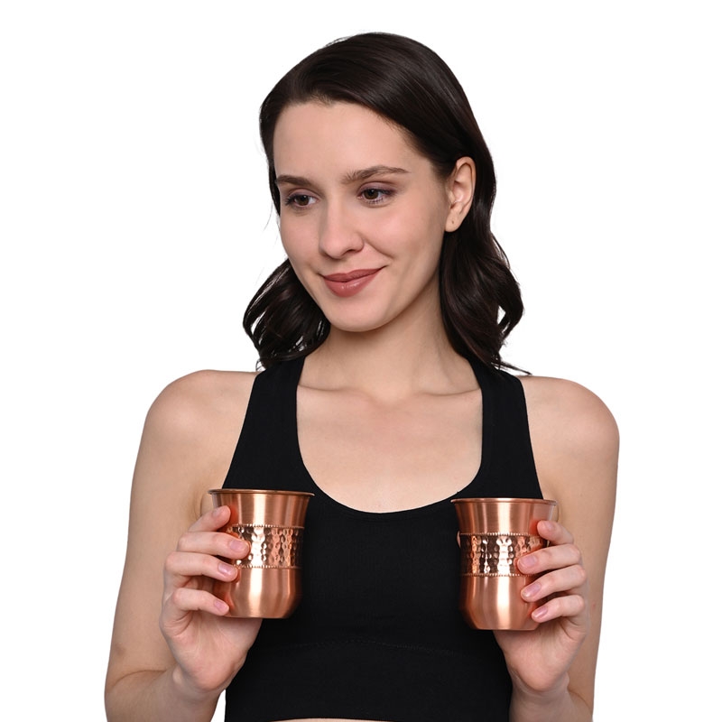 Copper Tumbler Set of 2 Hammered and Plain 250 Ml  Capacity Curved