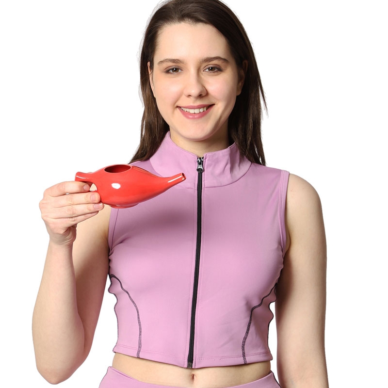 Premium Handcrafted Durable Ceramic Neti Pot Nasal Cleansing Dishwasher Safe with 2 Silicone Nozzle Tip Holds 225 Ml Crackle Pattern Red