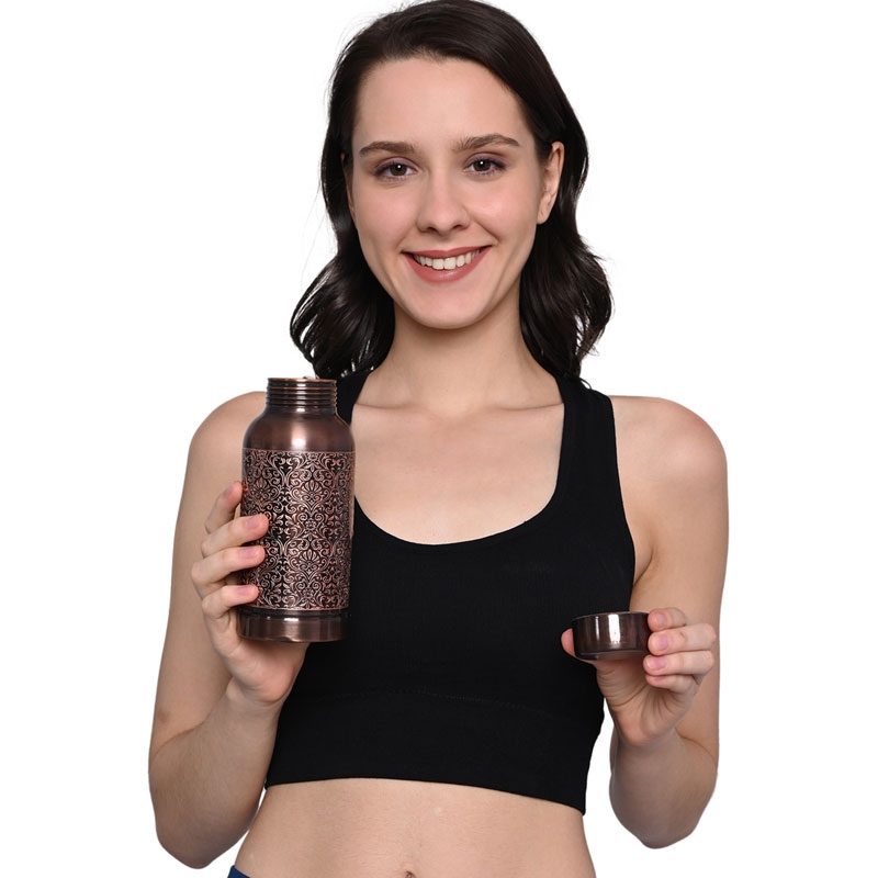 Pure Copper Water Bottle Beautiful Floral Pattern 600 Ml Capacity