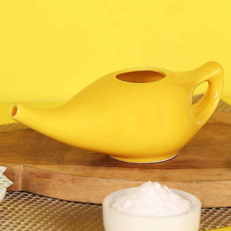 Ceramic Neti Pot Dishwasher Safe Premium Handcrafted with 2 Silicone Nozzle Tip and Salt for Sinus 225 Ml Capacity Yellow