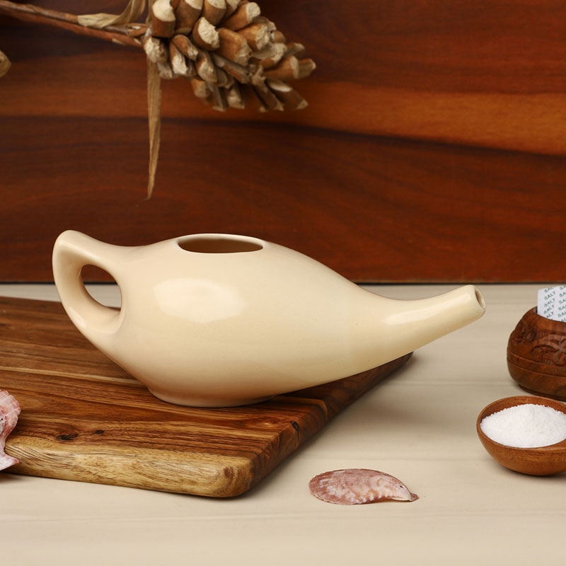 Ceramic Neti Pot Dishwasher Safe Premium Handcrafted with 2 Silicone Nozzle and Salt for Sinus 225 Ml Capacity Cream