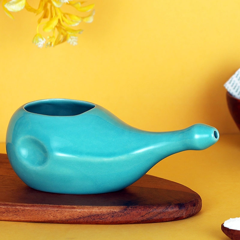 Ceramic Neti Pot Dishwasher Safe for Nasal Cleansing without Handle Teal