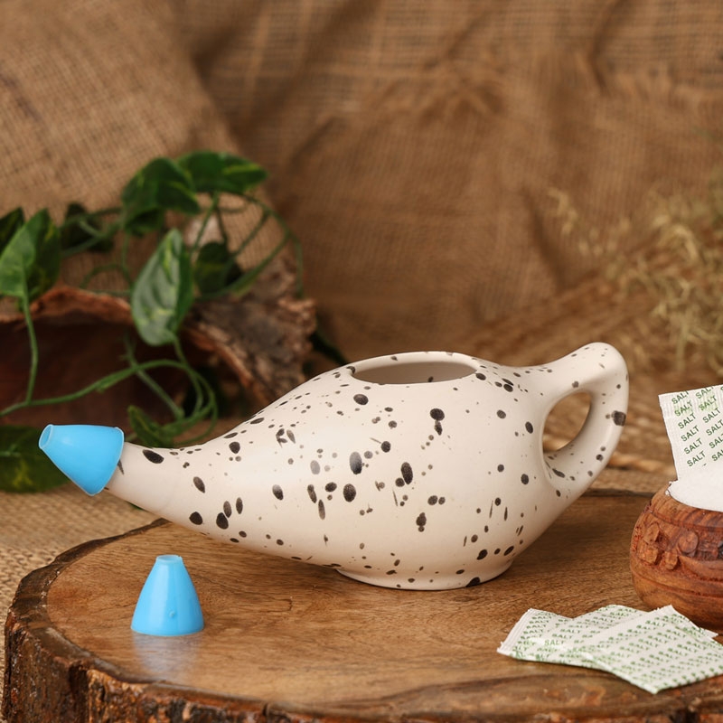 Ceramic Neti Pot Premium Handcrafted Durable Dishwasher Safe with 2 Silicone Nozzle Tip 225 Ml Capacity Dalmatian