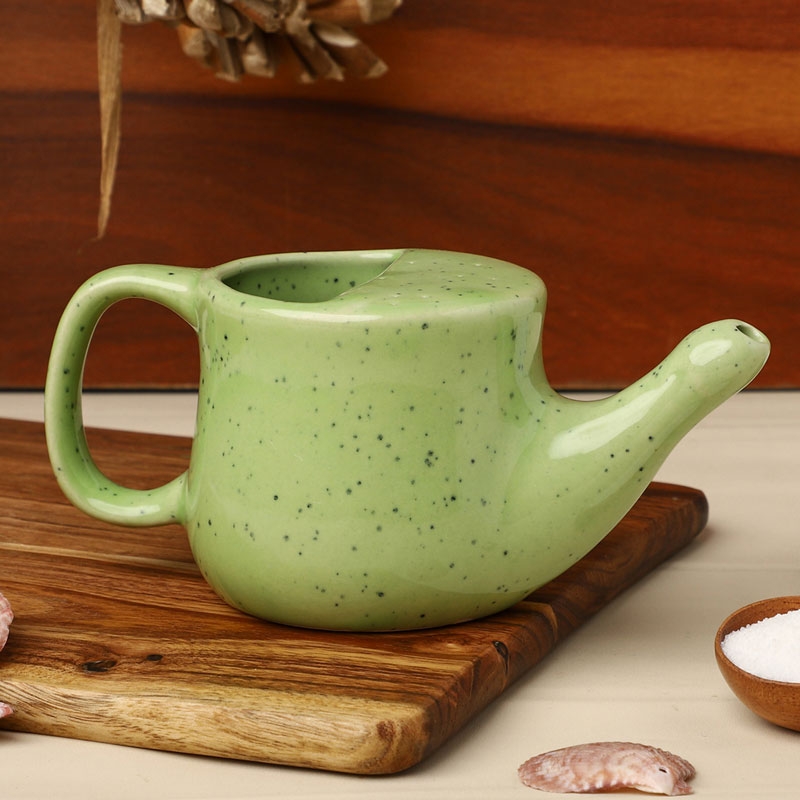 Ceramic Neti Pot Spill Proof for Nasal Cleansing Green Freckle Color 250 Ml
