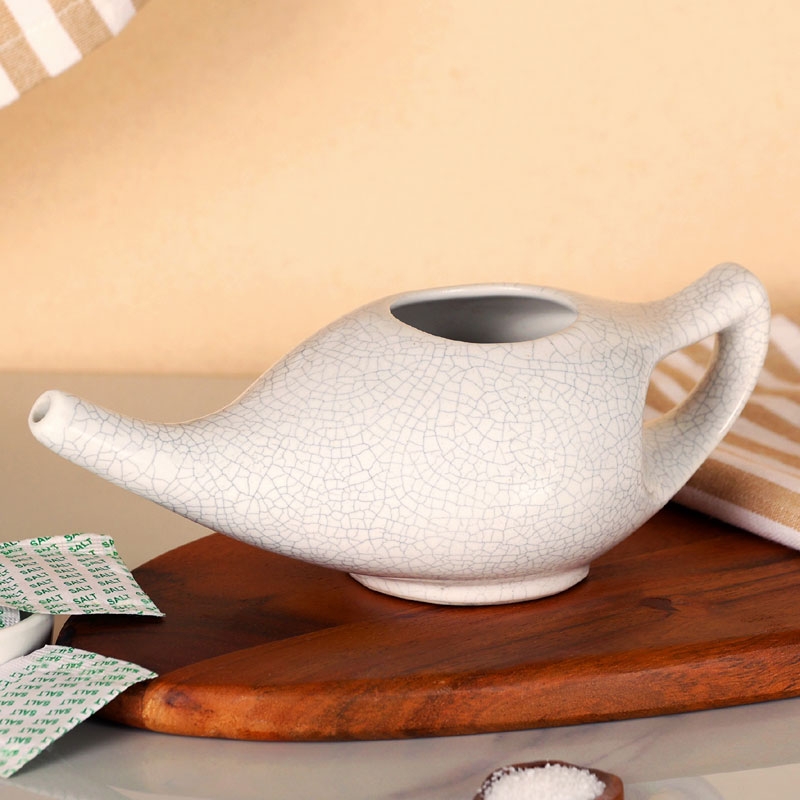 Ceramic Neti Pot for Nasal Cleaner 225 Ml Crackle Pattern Ivory
