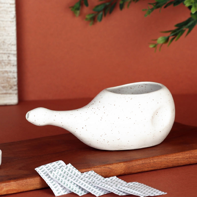 Ceramic Neti Pot for Nasal Cleansing without Handle Matte Ivory