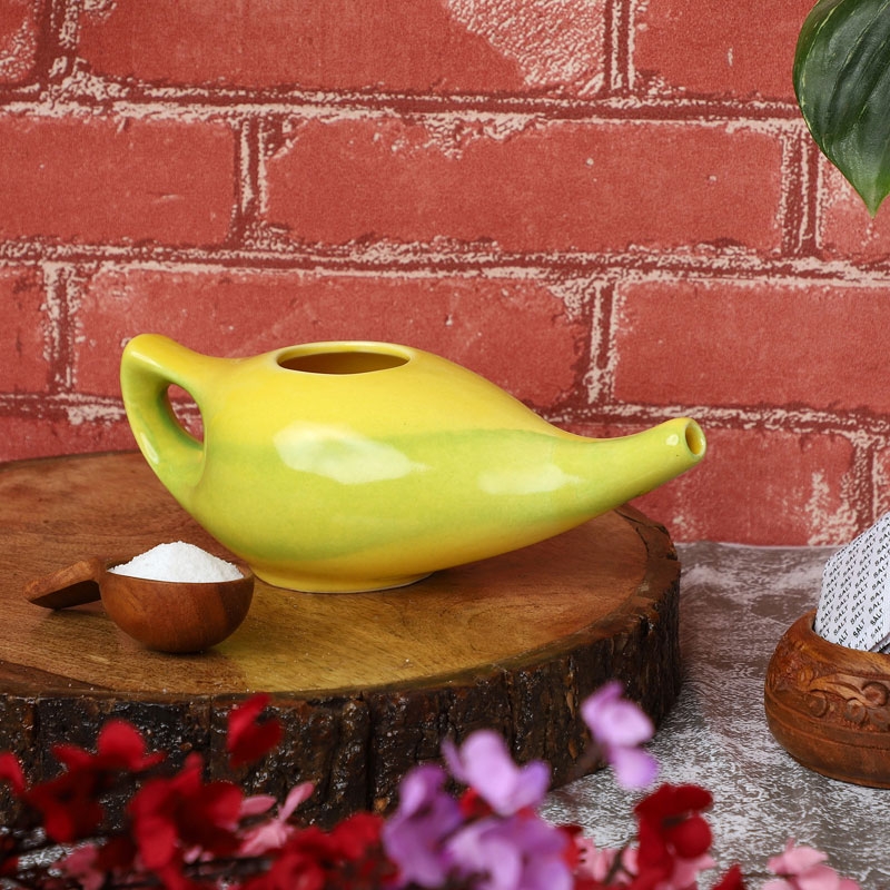 Ceramic Neti Pot for Nasal Irrigation 225 Ml Capacity Green and Yellow