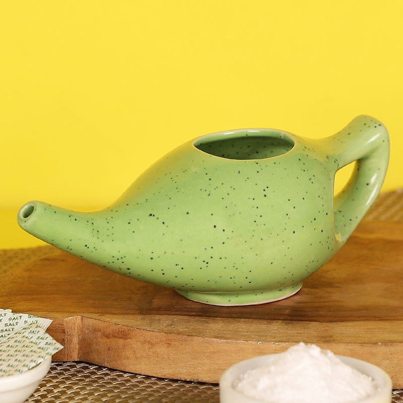 Ceramic Neti Pot for Nasal Irrigation Dishwasher 225 Ml Freckle Pattern Green