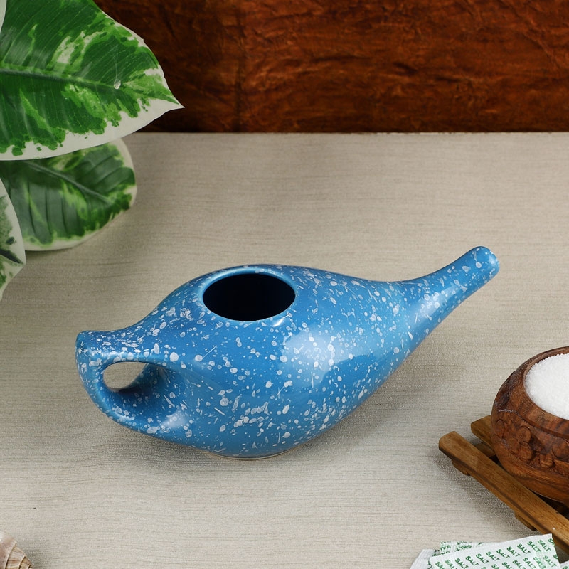 Ceramic Neti Pot with 2 Silicone Nozzle Tip 225 Ml Capacity Blue