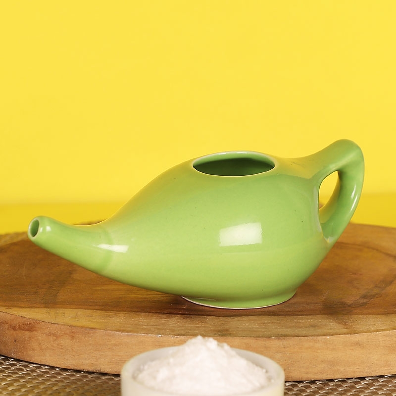 Ceramic Neti Pot with 2 Silicone Nozzle and Salt for Sinus 225 Ml Capacity Green